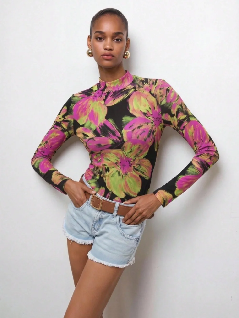 Black Floral Long Sleeve Mesh Sheer Top Shirt